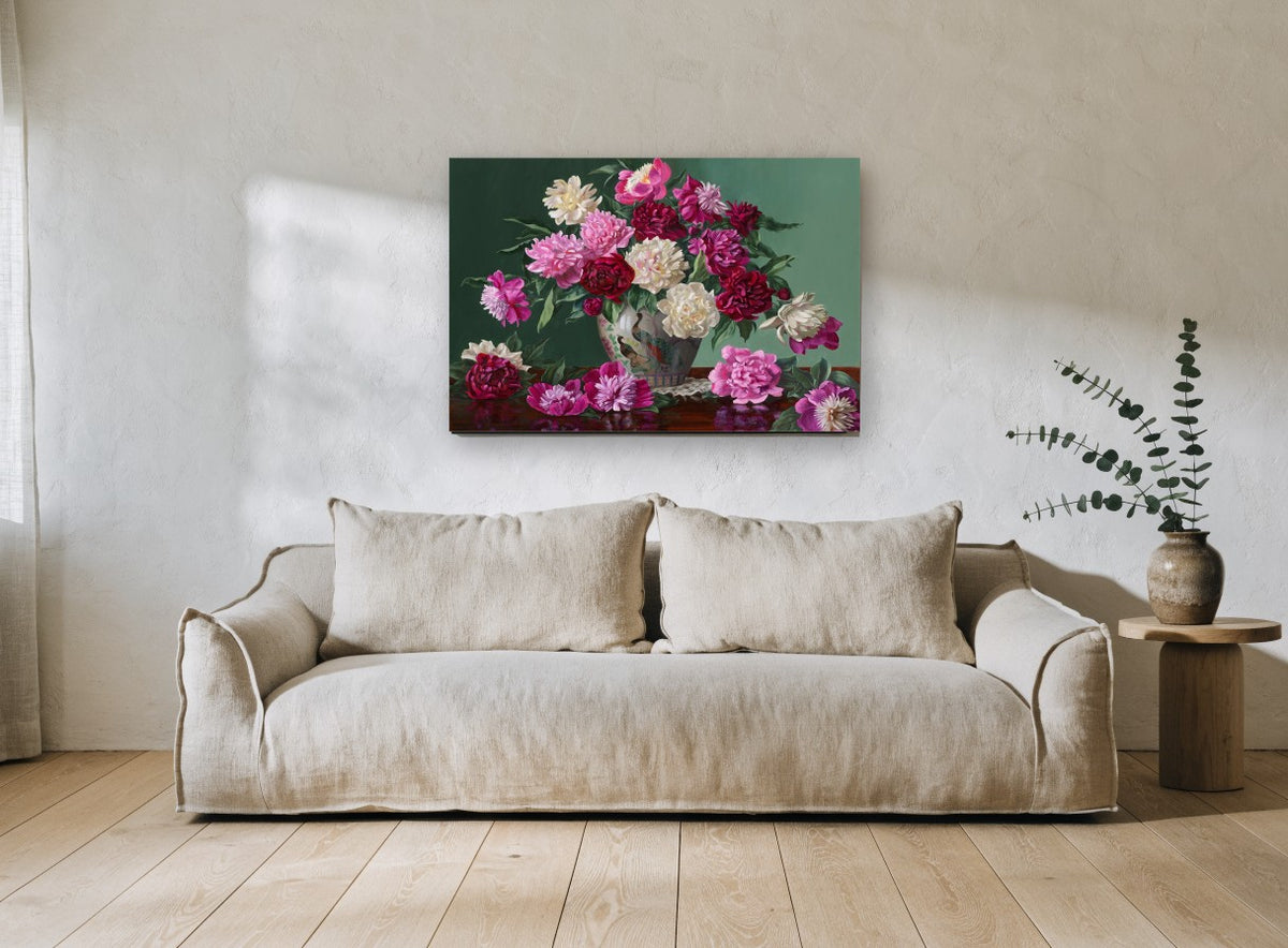 Peonies in Peacock Vase floral canvas print on the wall of a living room