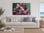 Peonies in Peacock Vase floral canvas print on the wall of a beach house living room