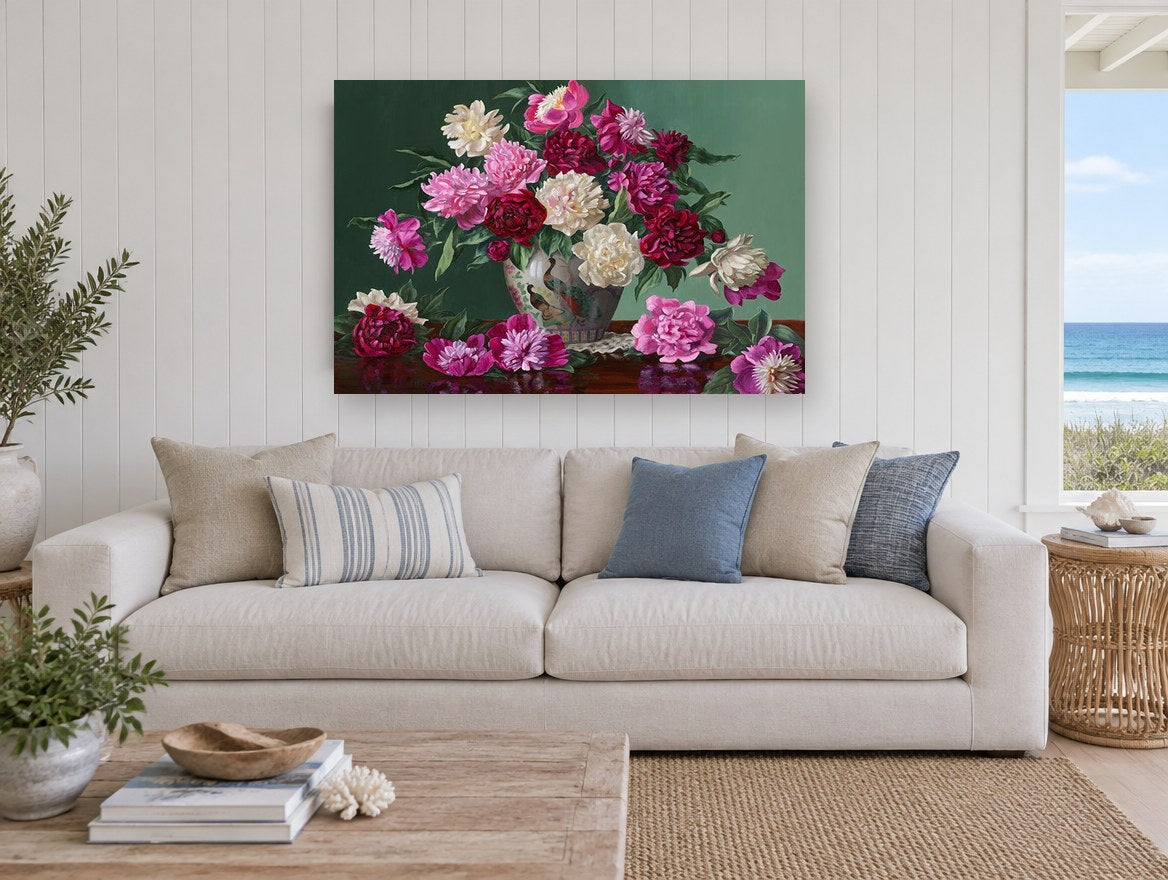 Peonies in Peacock Vase floral canvas print on the wall of a beach house living room