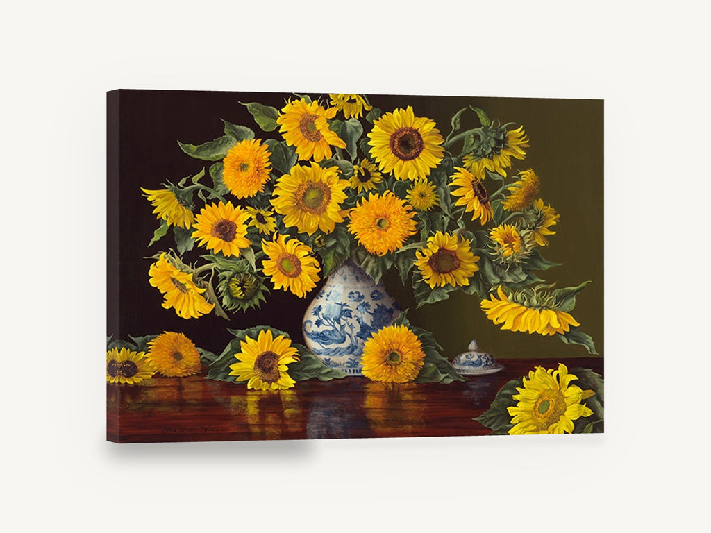 Sunflowers on Polished Mahogany, sunflowers in blue and white vase, floral canvas wall art print ready to hang