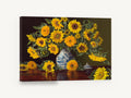 Sunflowers on Polished Mahogany, sunflowers in blue and white vase, floral canvas wall art print ready to hang