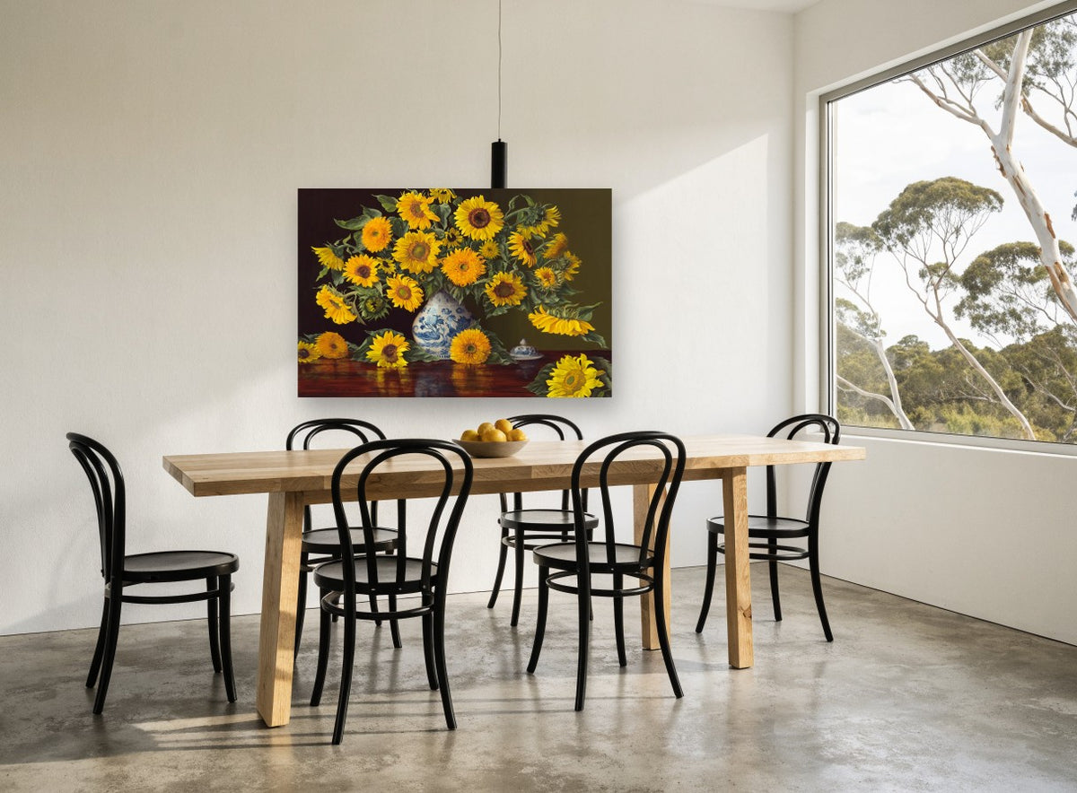 Sunflowers on Polished Mahogany floral canvas print on the wall of a dining room