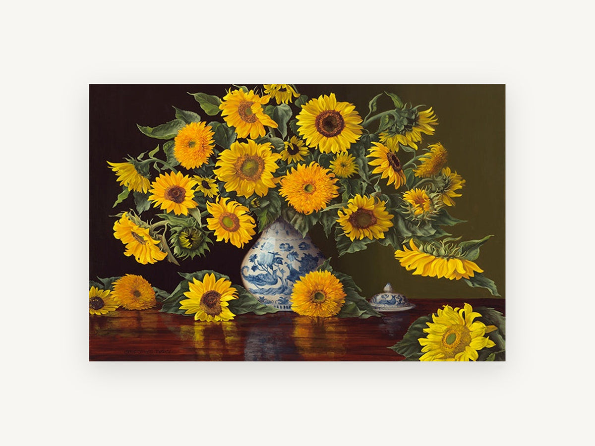Sunflowers on Polished Mahogany, floral canvas wall art print, front view