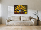 Sunflowers on Polished Mahogany floral canvas print on the wall of a living room