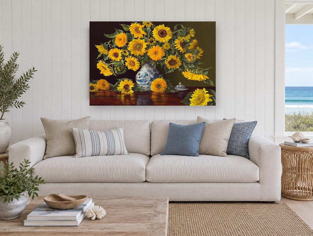 Sunflowers on Polished Mahogany floral canvas print on the wall of a beach house living room
