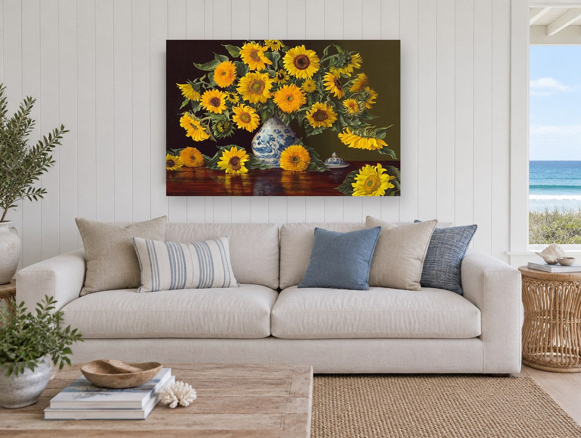 Sunflowers on Polished Mahogany floral canvas print on the wall of a beach house living room
