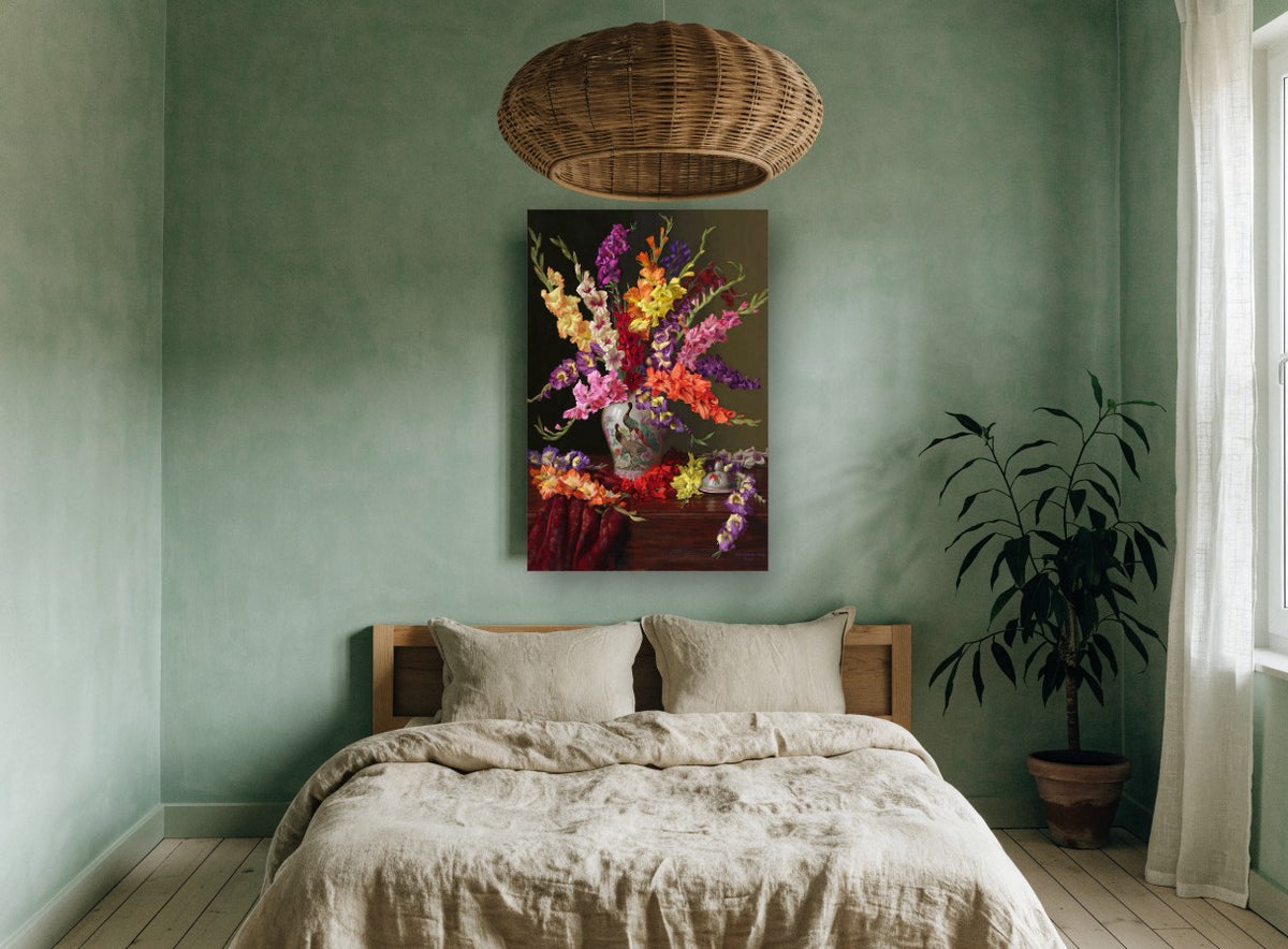 Gladioli and Peacock Vase floral canvas print on the wall of a bedroom