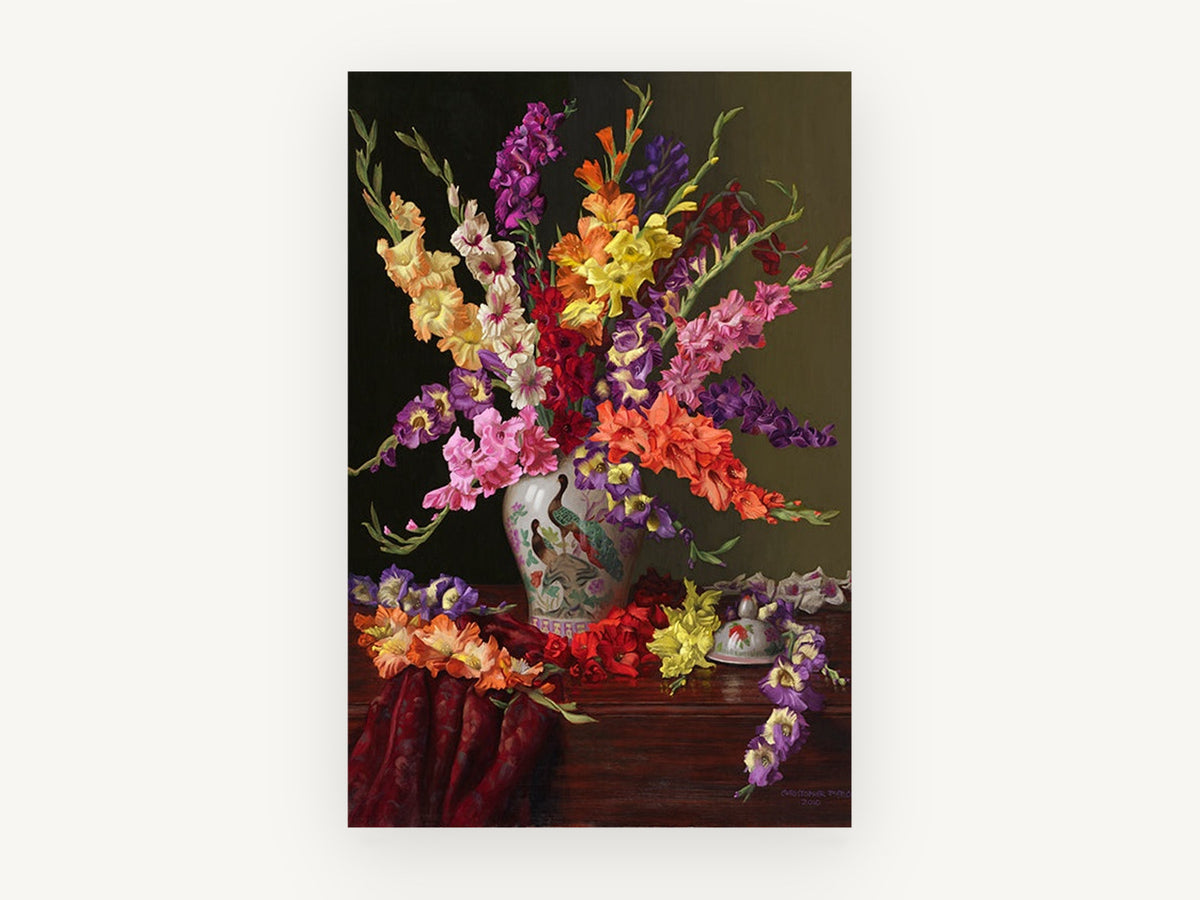 Gladioli and Peacock Vase, floral canvas wall art print, front view