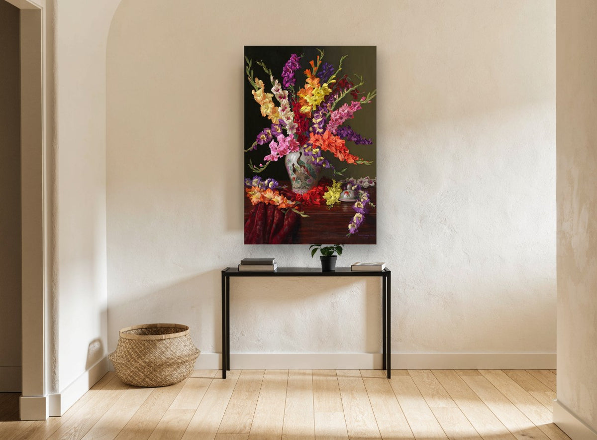 Gladioli and Peacock Vase floral canvas print on the wall of a hallway