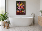 Gladioli and Peacock Vase floral canvas print on the wall of a bathroom