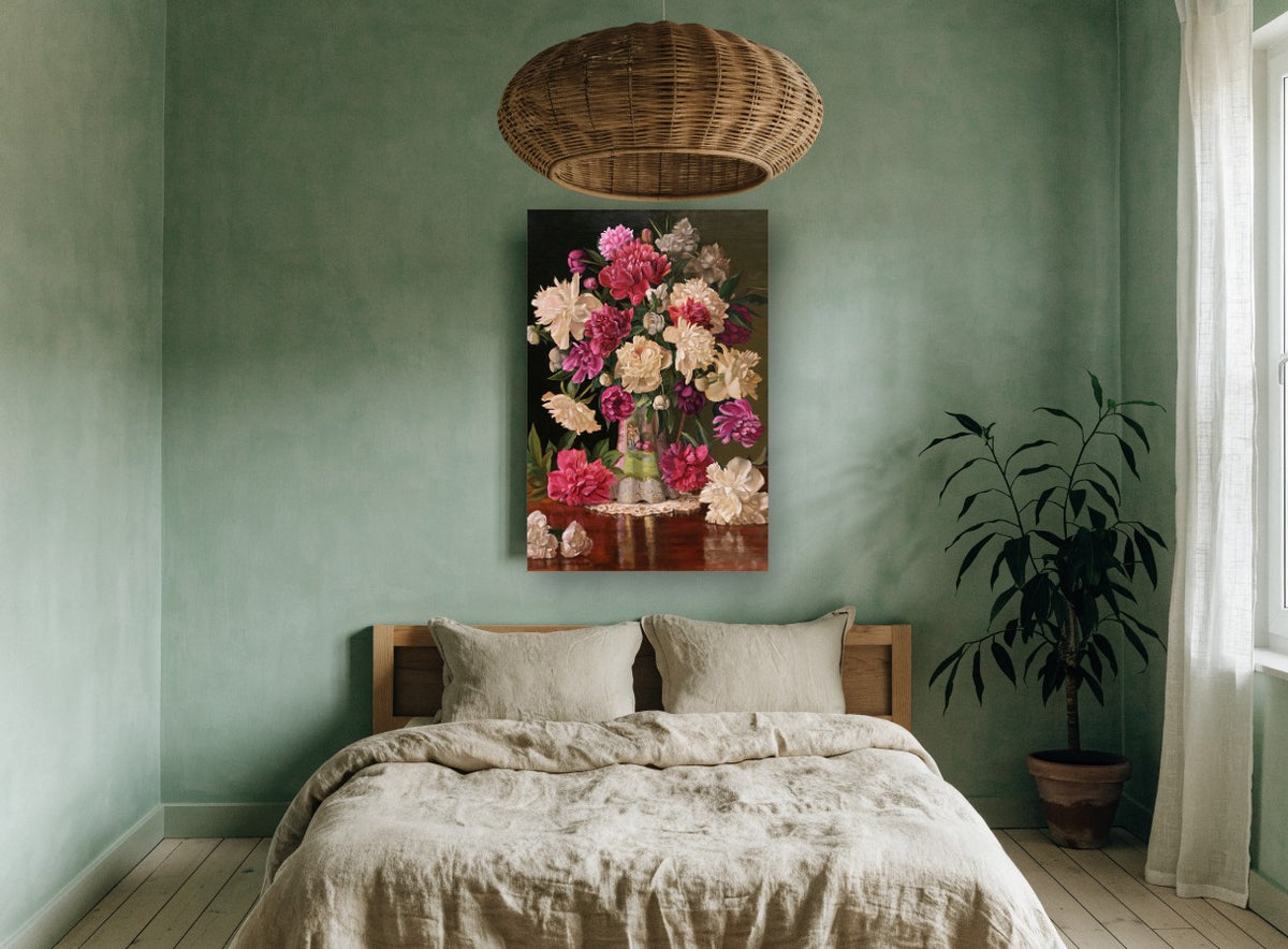 Peonies on Polished Table floral canvas print on the wall of a bedroom