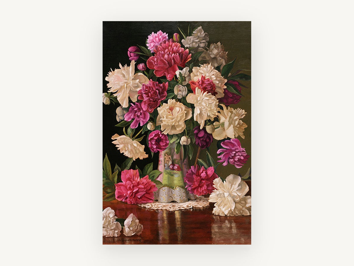 Peonies on Polished Table, floral canvas wall art print, front view