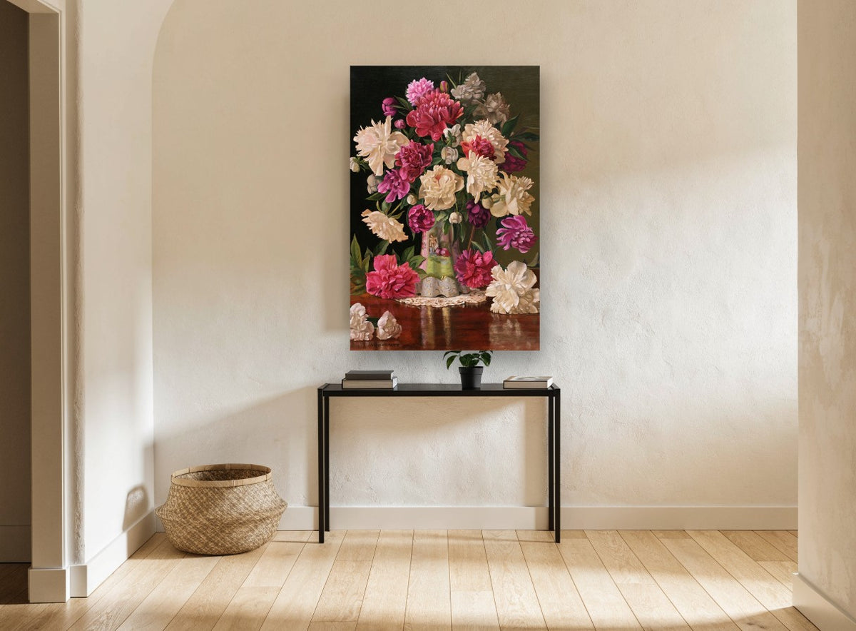 Peonies on Polished Table floral canvas print on the wall of a hallway