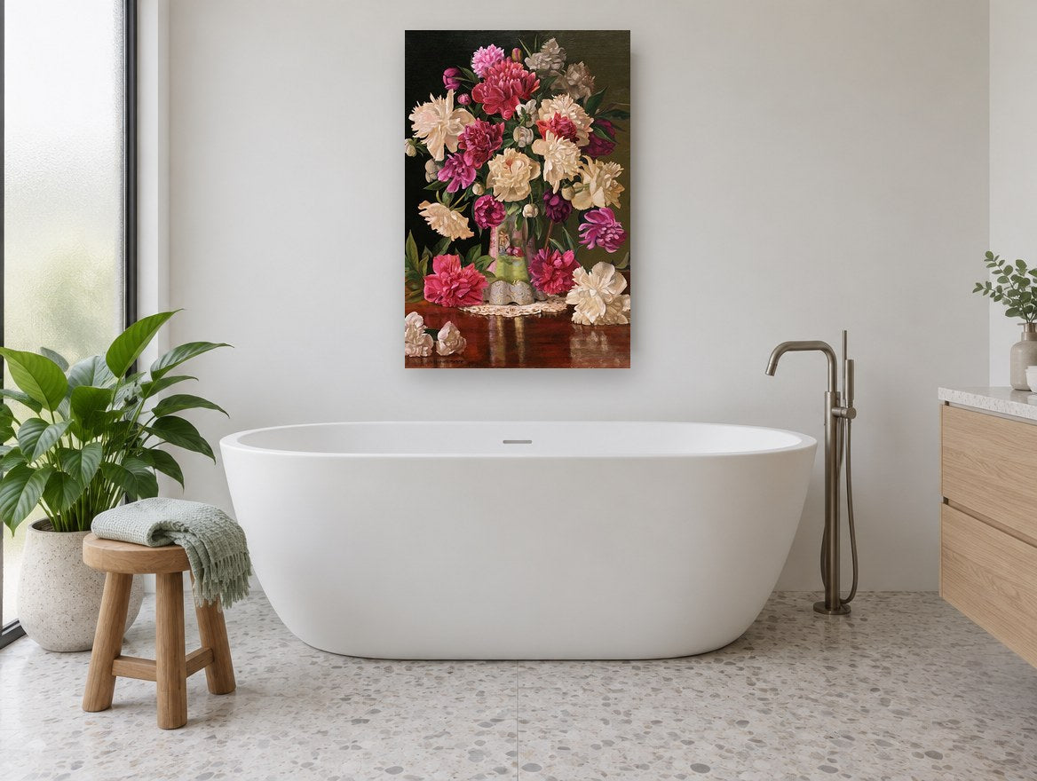 Peonies on Polished Table floral canvas print on the wall of a bathroom