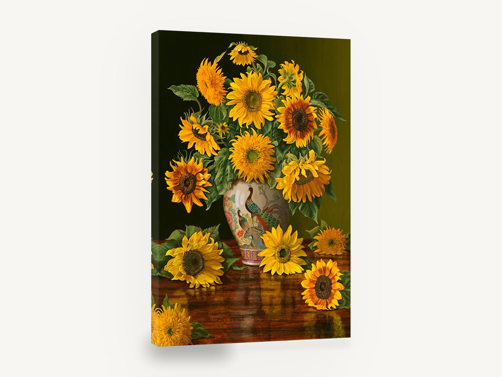 Sunflowers and Peacock Vase, sunflowers in peacock vase still life, floral canvas wall art print ready to hang