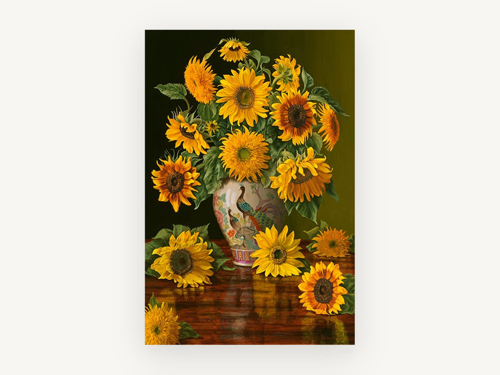 Sunflowers and Peacock Vase, floral canvas wall art print, front view