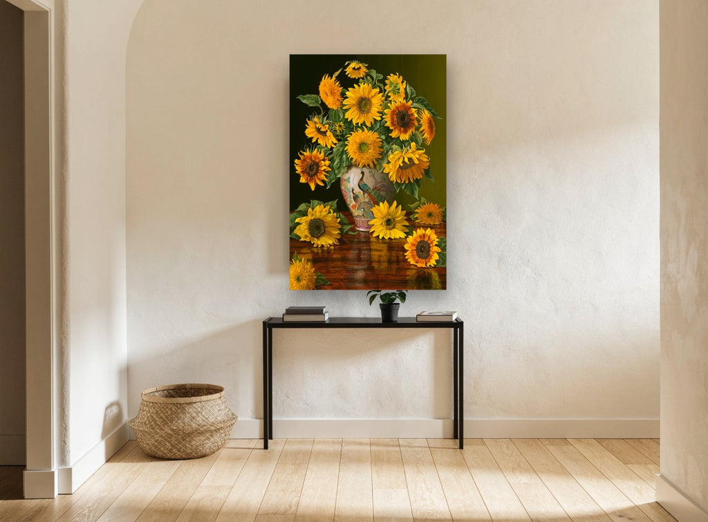 Sunflowers and Peacock Vase floral canvas print on the wall of a hallway