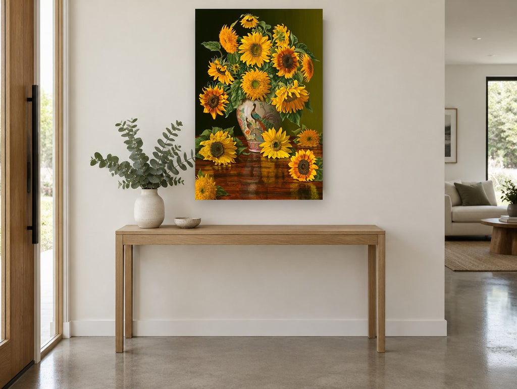 Sunflowers and Peacock Vase floral canvas print on the wall of a entry hall