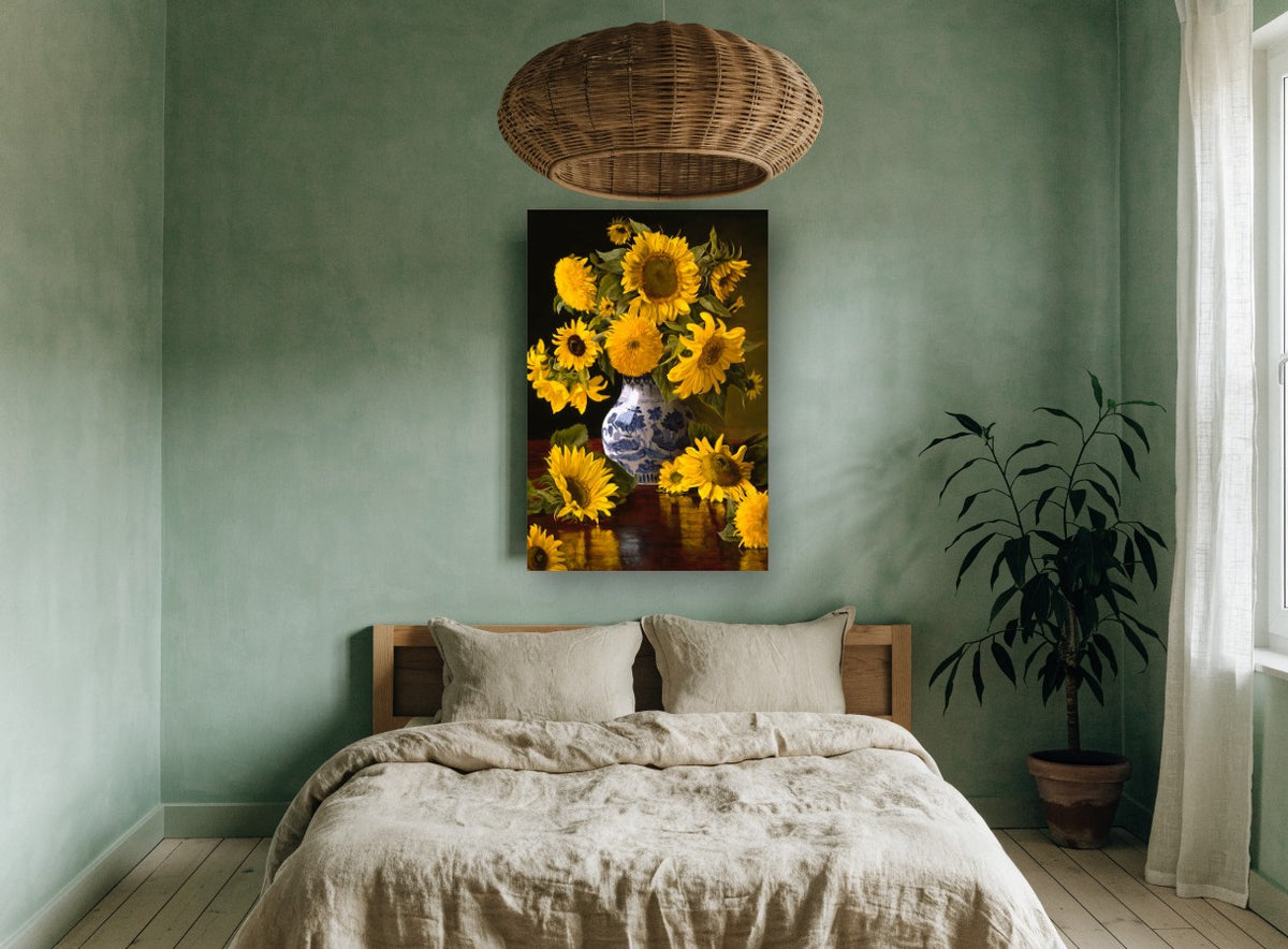 Sunflowers in Blue Porcelain floral canvas print on the wall of a bedroom