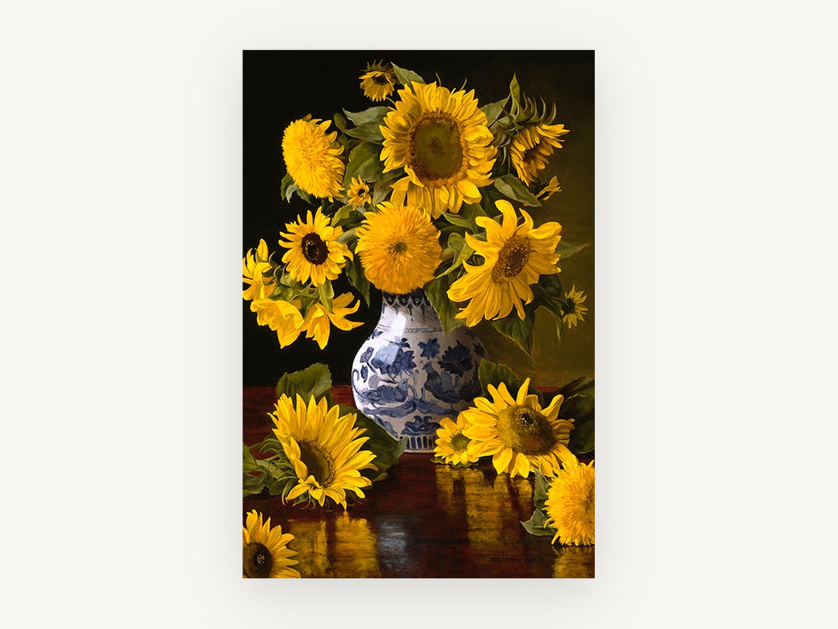 Sunflowers in Blue Porcelain, floral canvas wall art print, front view