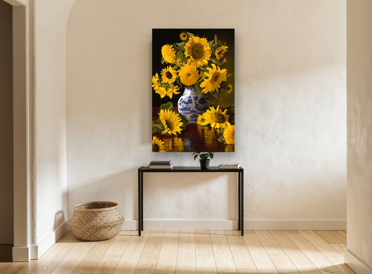 Sunflowers in Blue Porcelain floral canvas print on the wall of a hallway