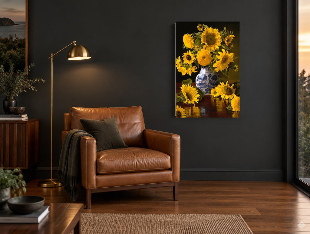 Sunflowers in Blue Porcelain floral canvas print on the wall of a charcoal living room