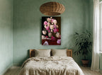 Peonies on Polished Mahogany floral canvas print on the wall of a bedroom