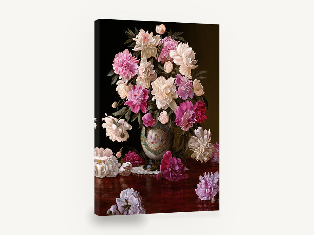 Peonies on Polished Mahogany, pink and cream peonies in vase, floral canvas wall art print ready to hang