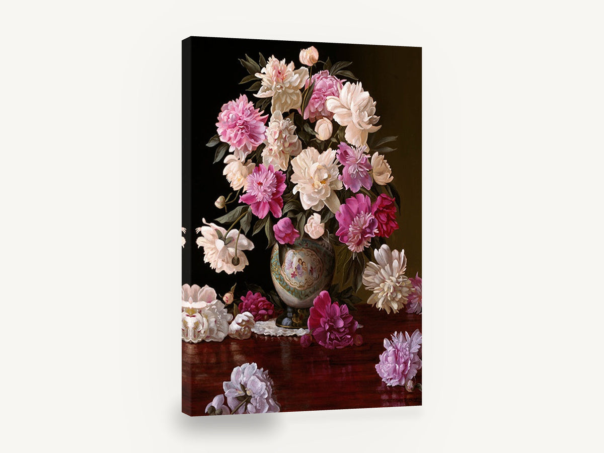 Peonies on Polished Mahogany, pink and cream peonies in vase, floral canvas wall art print ready to hang
