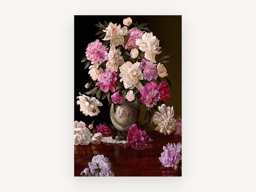 Peonies on Polished Mahogany, floral canvas wall art print, front view