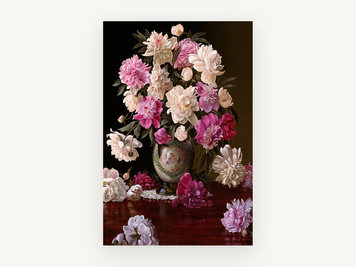 Peonies on Polished Mahogany, floral canvas wall art print, front view