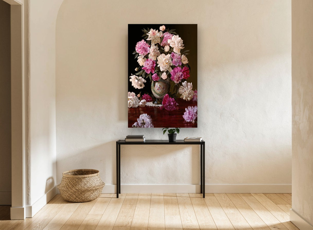 Peonies on Polished Mahogany floral canvas print on the wall of a hallway
