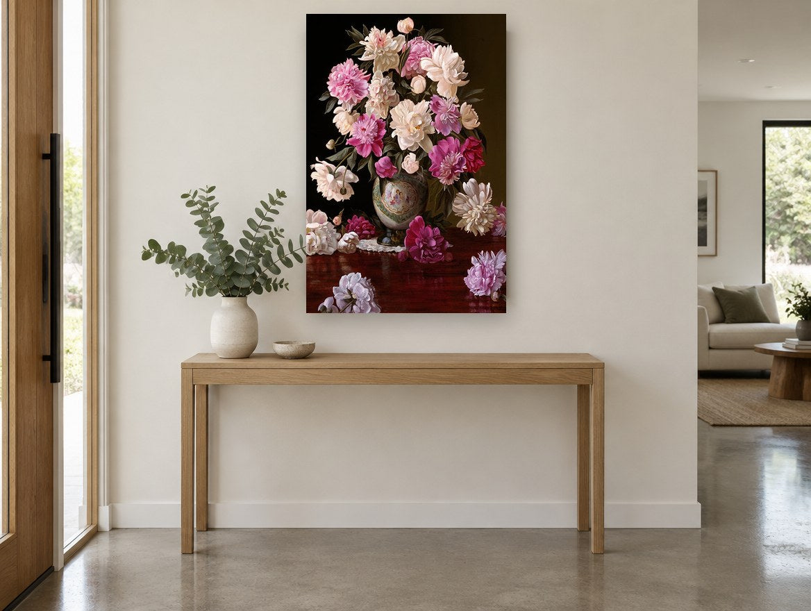 Peonies on Polished Mahogany floral canvas print on the wall of a entry hall