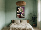 Cream Peonies on Mahogany floral canvas print on the wall of a bedroom
