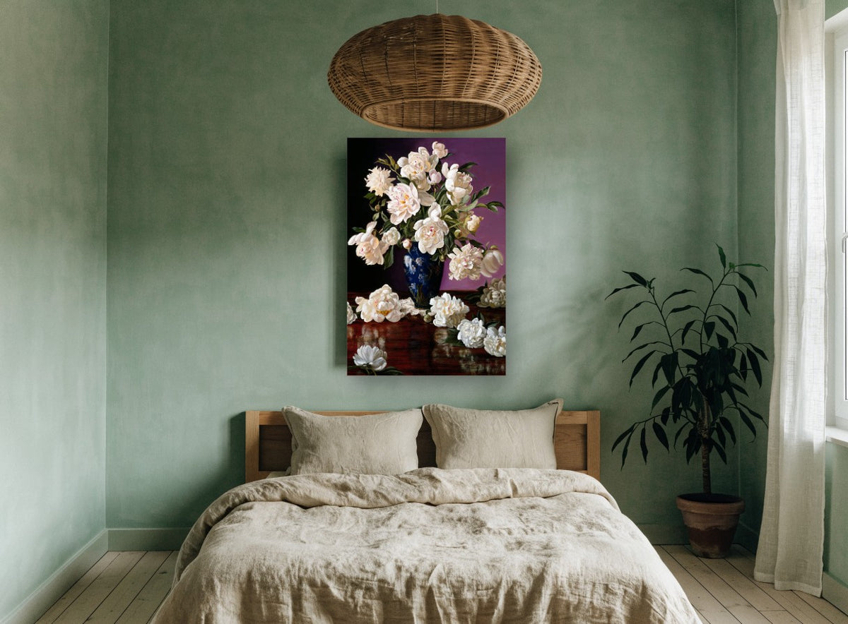 Cream Peonies on Mahogany floral canvas print on the wall of a bedroom