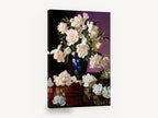 Cream Peonies on Mahogany, white peonies blue vase still life, floral canvas wall art print ready to hang