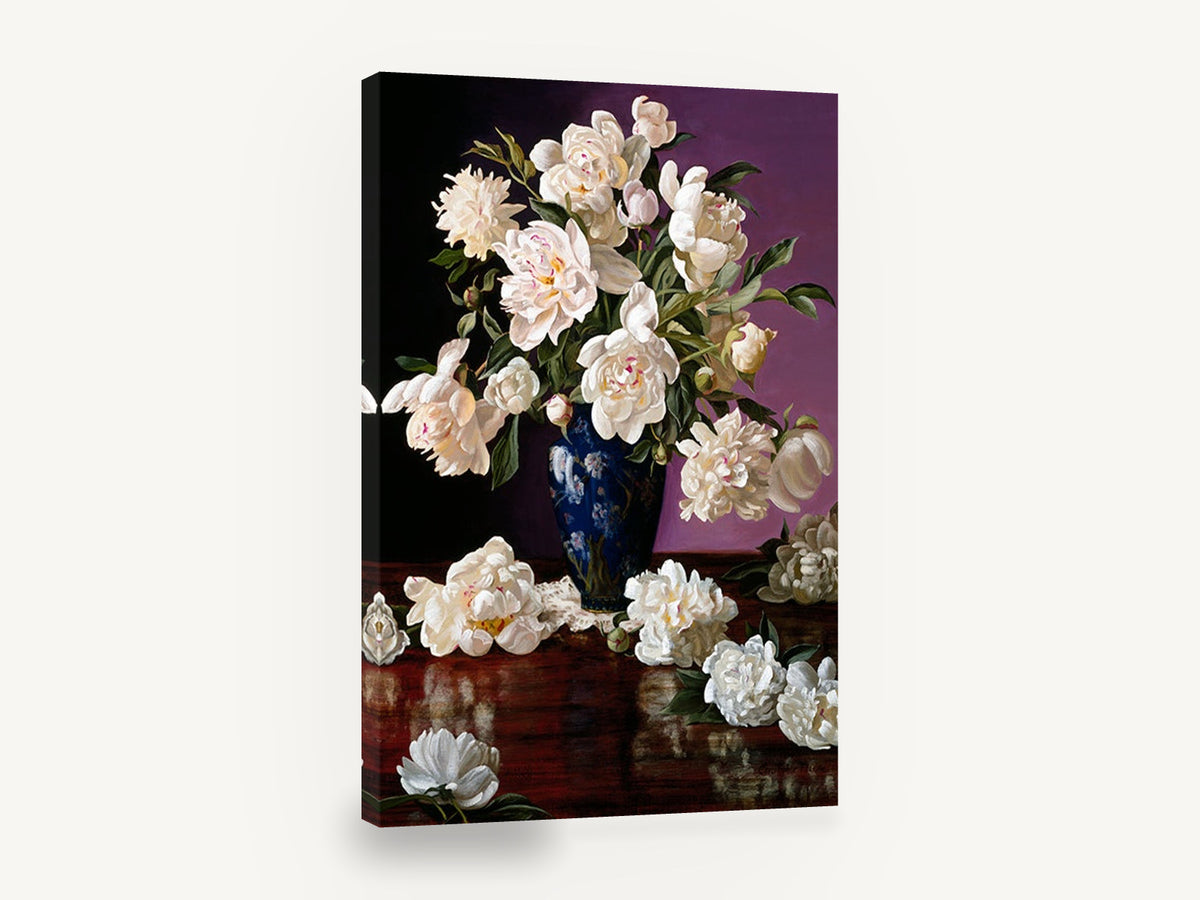 Cream Peonies on Mahogany, white peonies blue vase still life, floral canvas wall art print ready to hang
