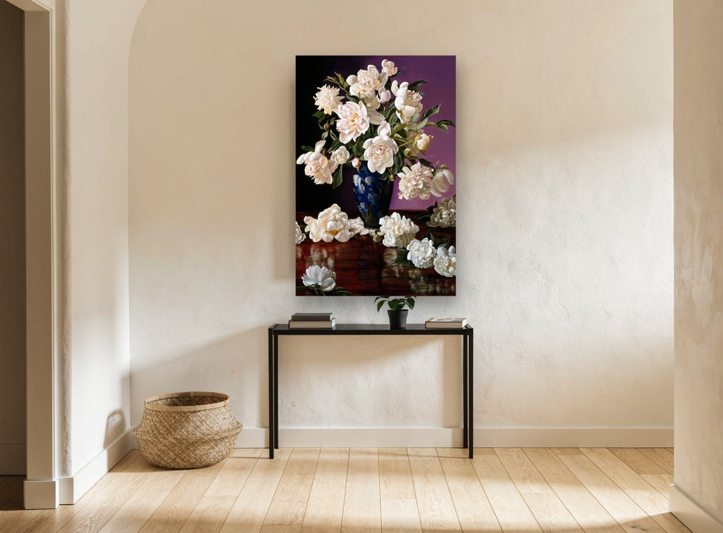 Cream Peonies on Mahogany floral canvas print on the wall of a hallway