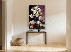 Cream Peonies on Mahogany floral canvas print on the wall of a hallway