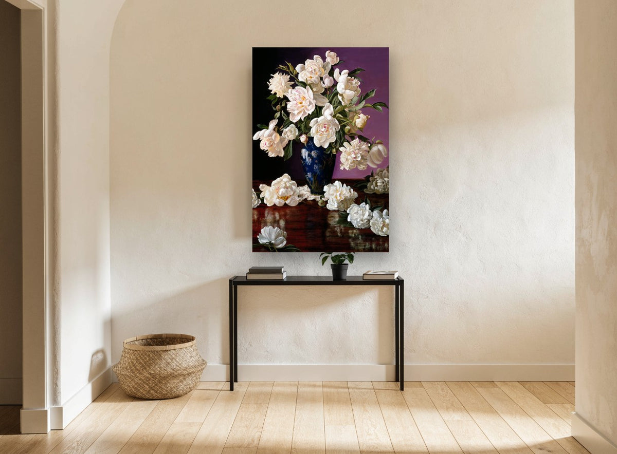 Cream Peonies on Mahogany floral canvas print on the wall of a hallway