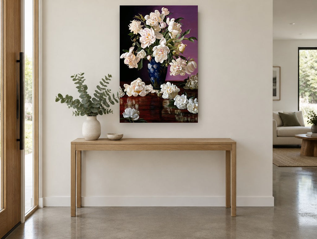 Cream Peonies on Mahogany floral canvas print on the wall of a entry hall