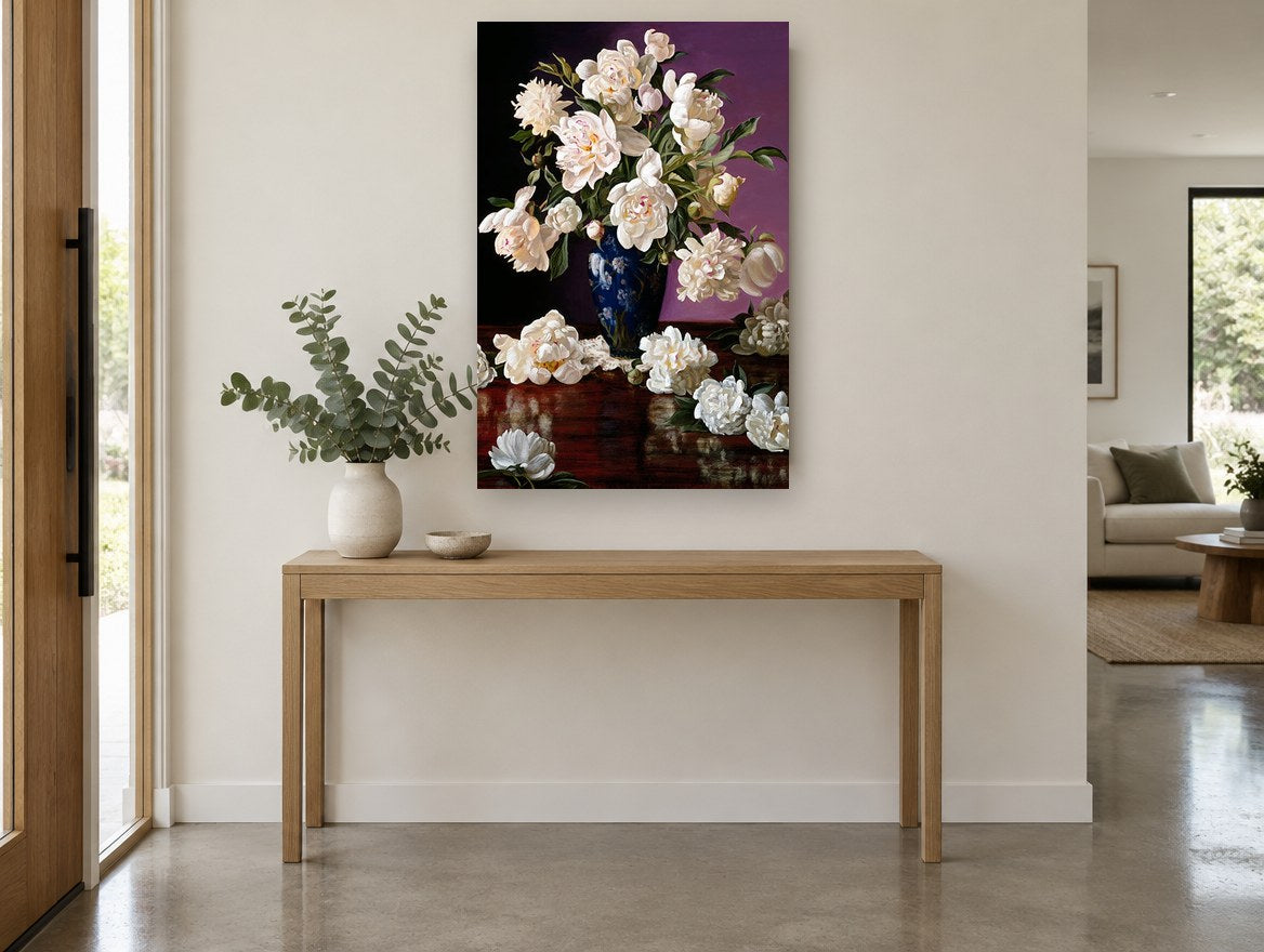Cream Peonies on Mahogany floral canvas print on the wall of a entry hall