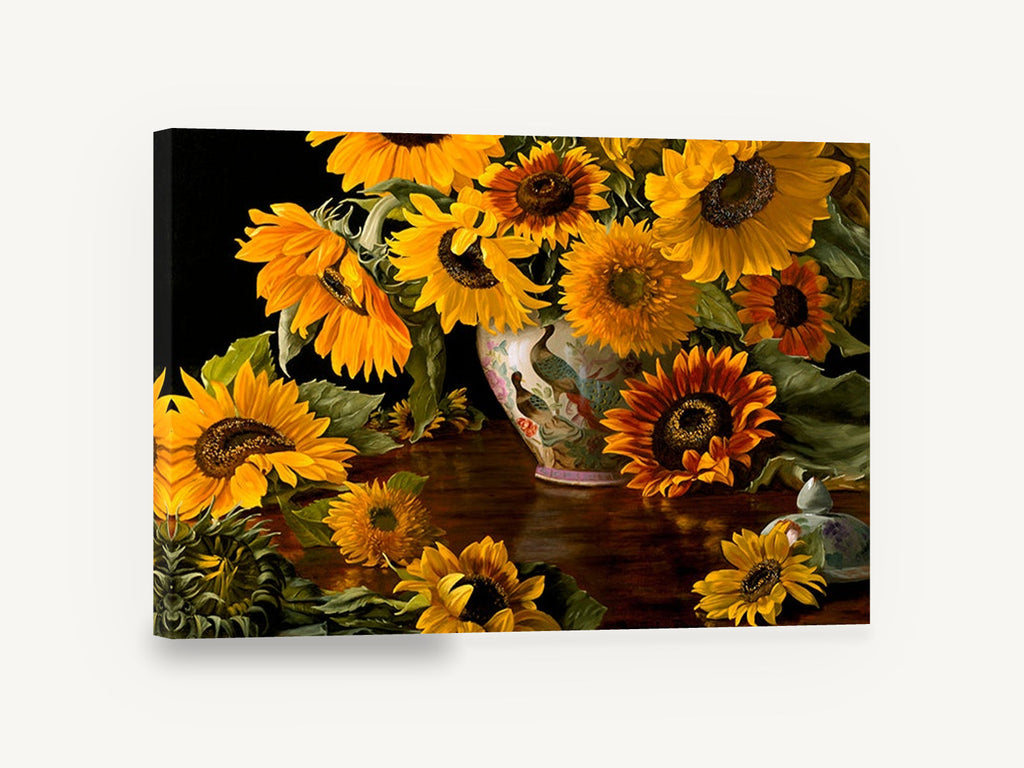 Sunflowers and Peacock Vase, sunflowers in chinese vase still life, floral canvas wall art print ready to hang