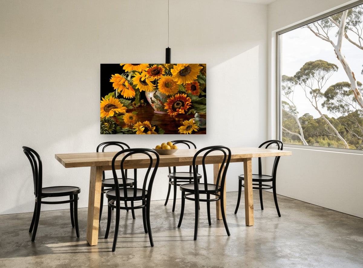 Sunflowers and Peacock Vase floral canvas print on the wall of a dining room