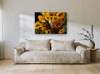 Sunflowers and Peacock Vase floral canvas print on the wall of a living room