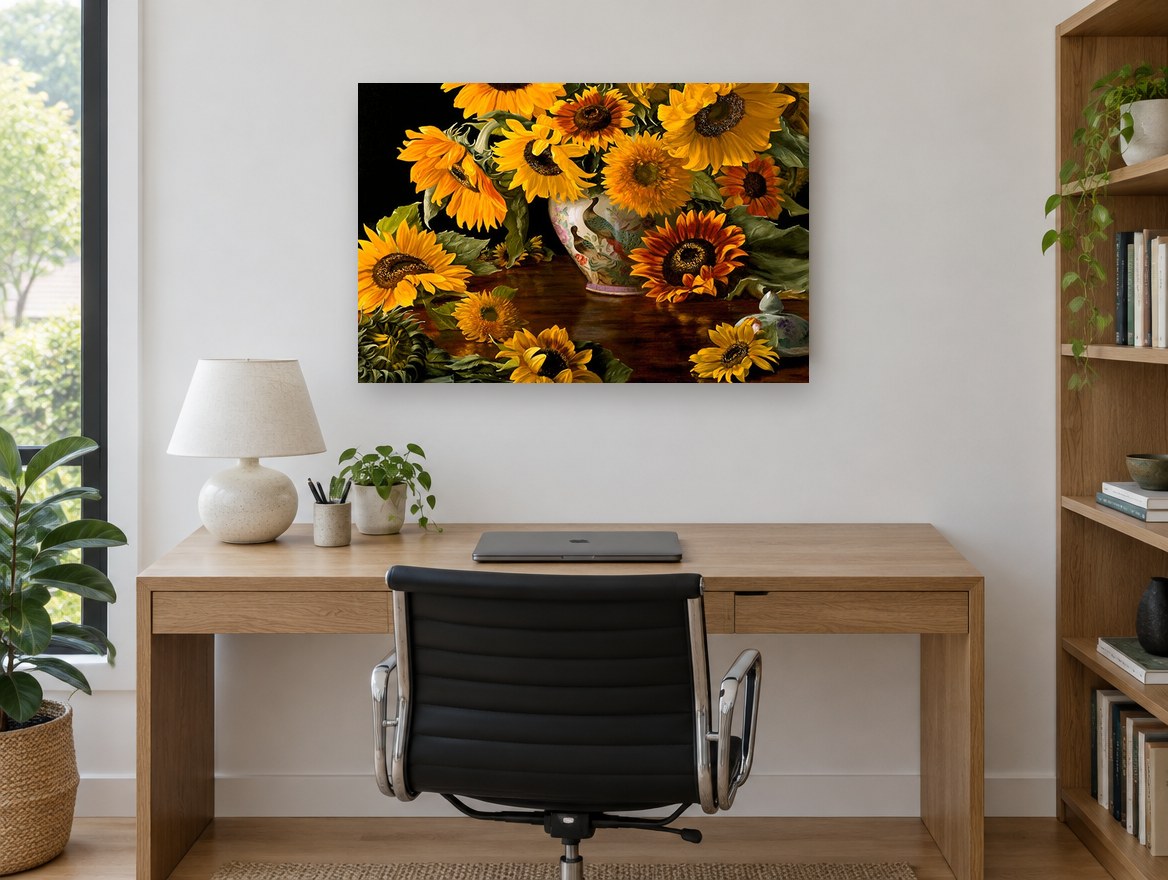 Sunflowers and Peacock Vase floral canvas print on the wall of a study