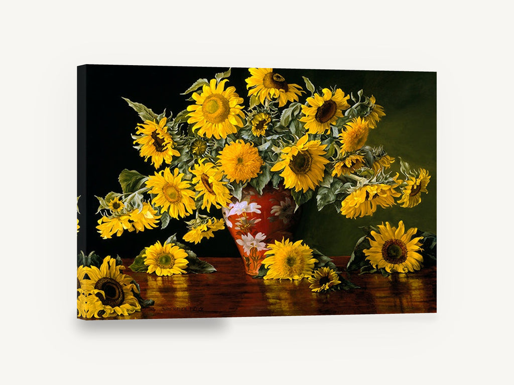 Sunflowers on Red Lacquer, sunflowers in red vase still life, floral canvas wall art print ready to hang