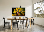 Sunflowers on Red Lacquer floral canvas print on the wall of a dining room