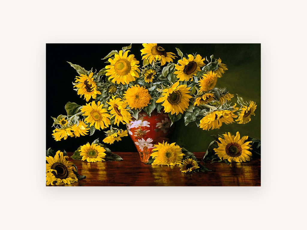 Sunflowers on Red Lacquer, floral canvas wall art print, front view