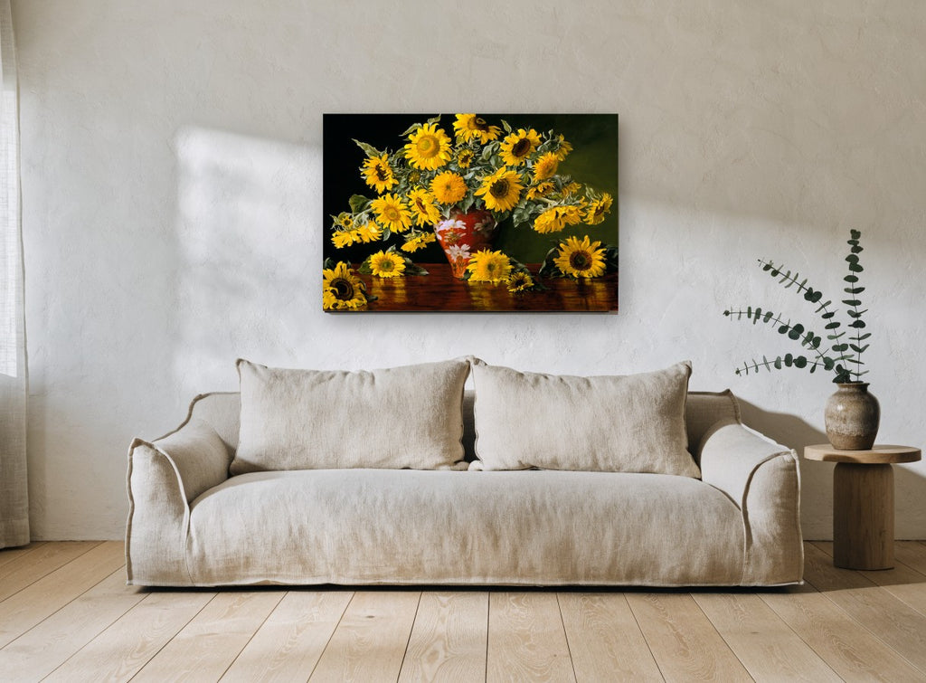 Sunflowers on Red Lacquer floral canvas print on the wall of a living room